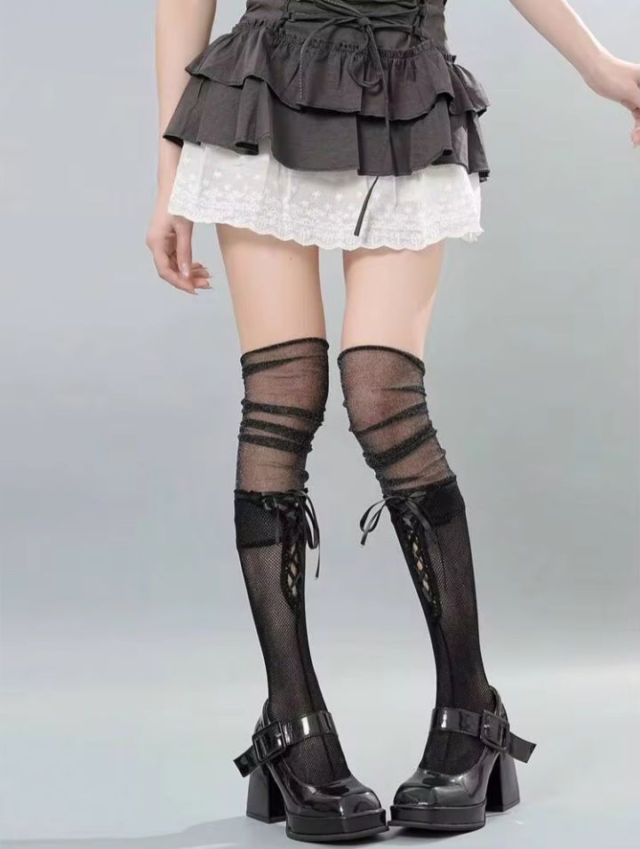 Women’s White Sheer Mesh Lace-Up Thigh-High Leg Warmers with Ruched Knee Detail